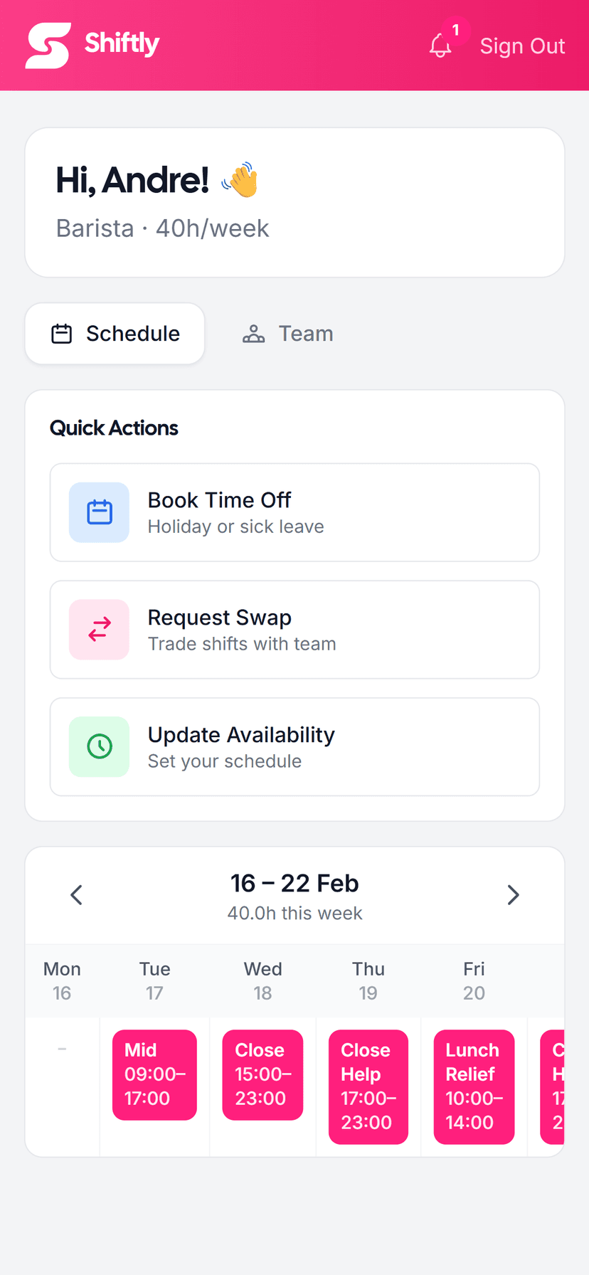 Employee app showing upcoming shifts