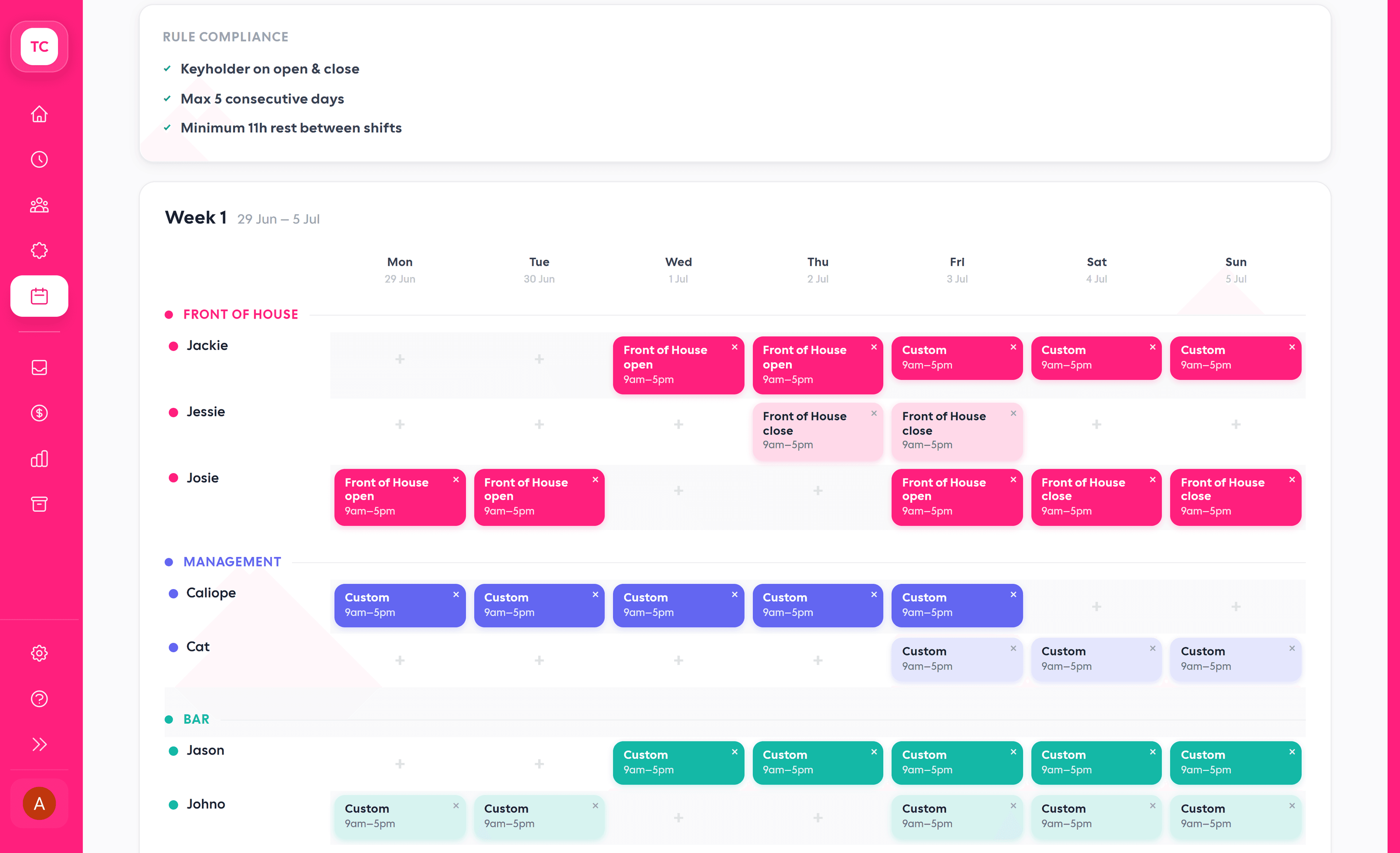 Shiftly rota builder showing a generated weekly schedule