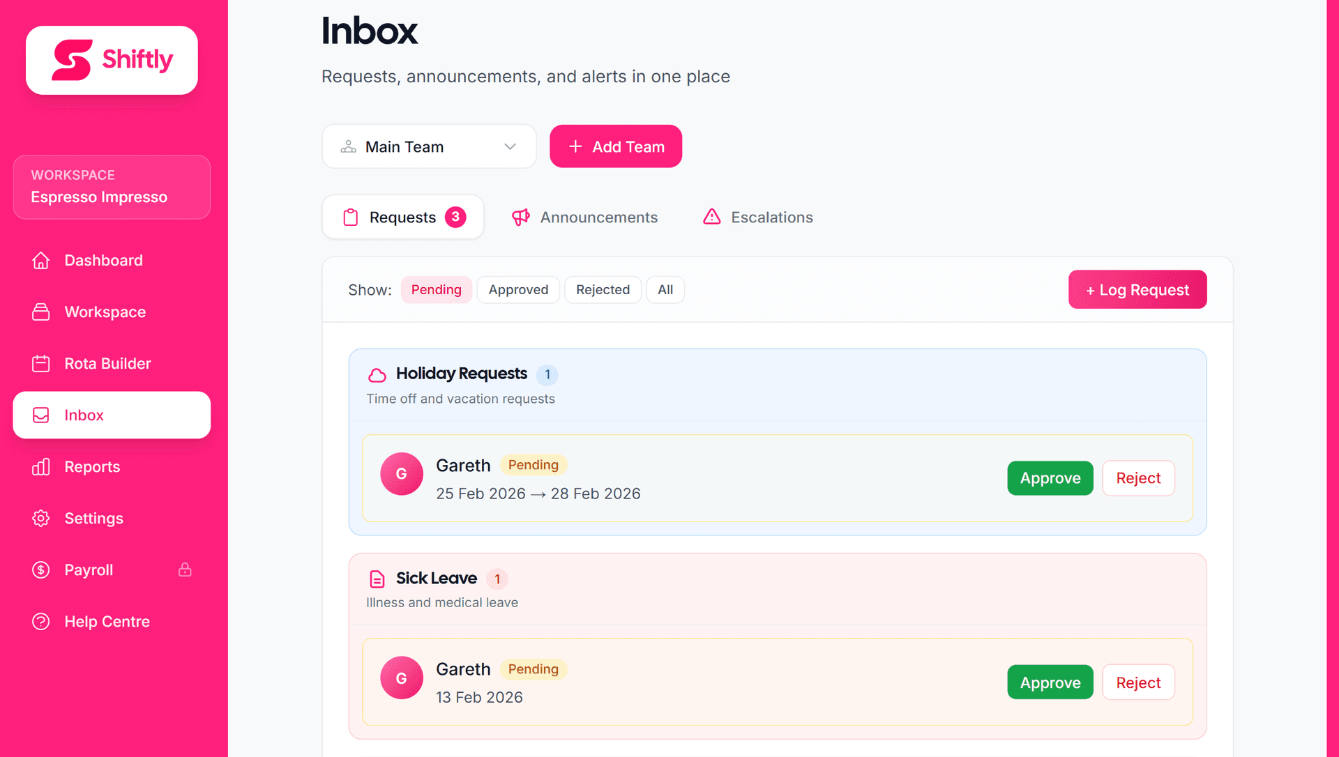 Team inbox — swap and time-off requests
